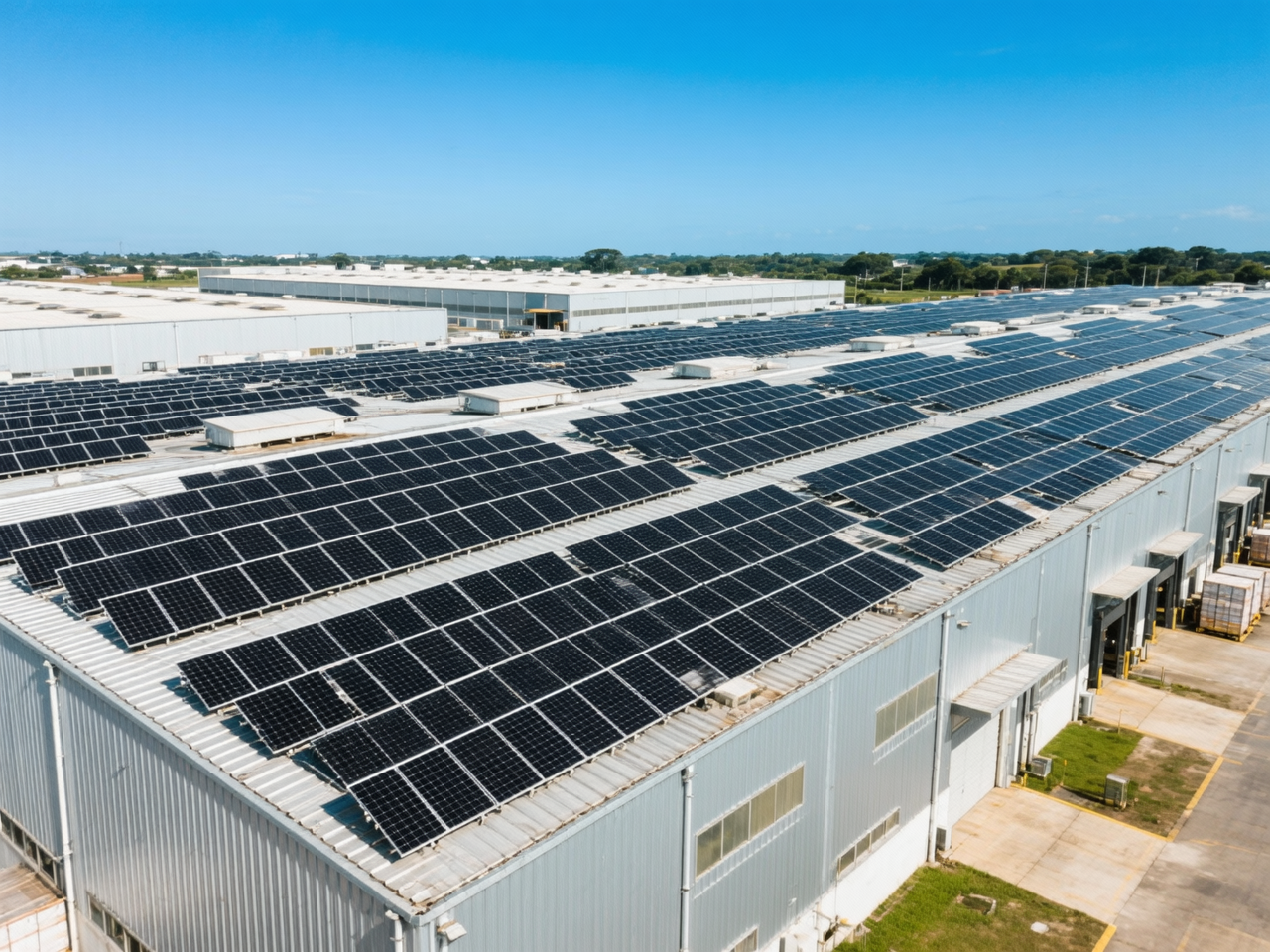 Simulação de galpão comercial com painéis solares
