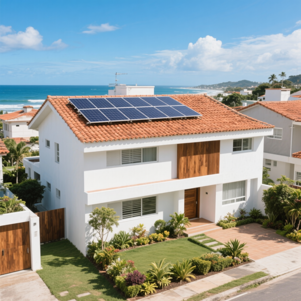 Simulação residencial costeira com painéis